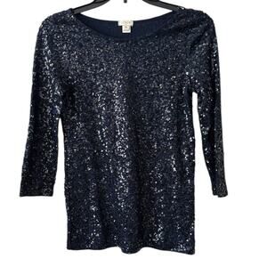 J.Crew Navy Blue Sequin Cropped Sleeve Top - XS